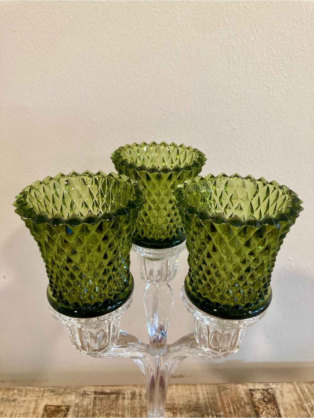 3 Pegged Glass Votive Holders Vintage Olive Green Diamond Pattern 70s-80s Decor